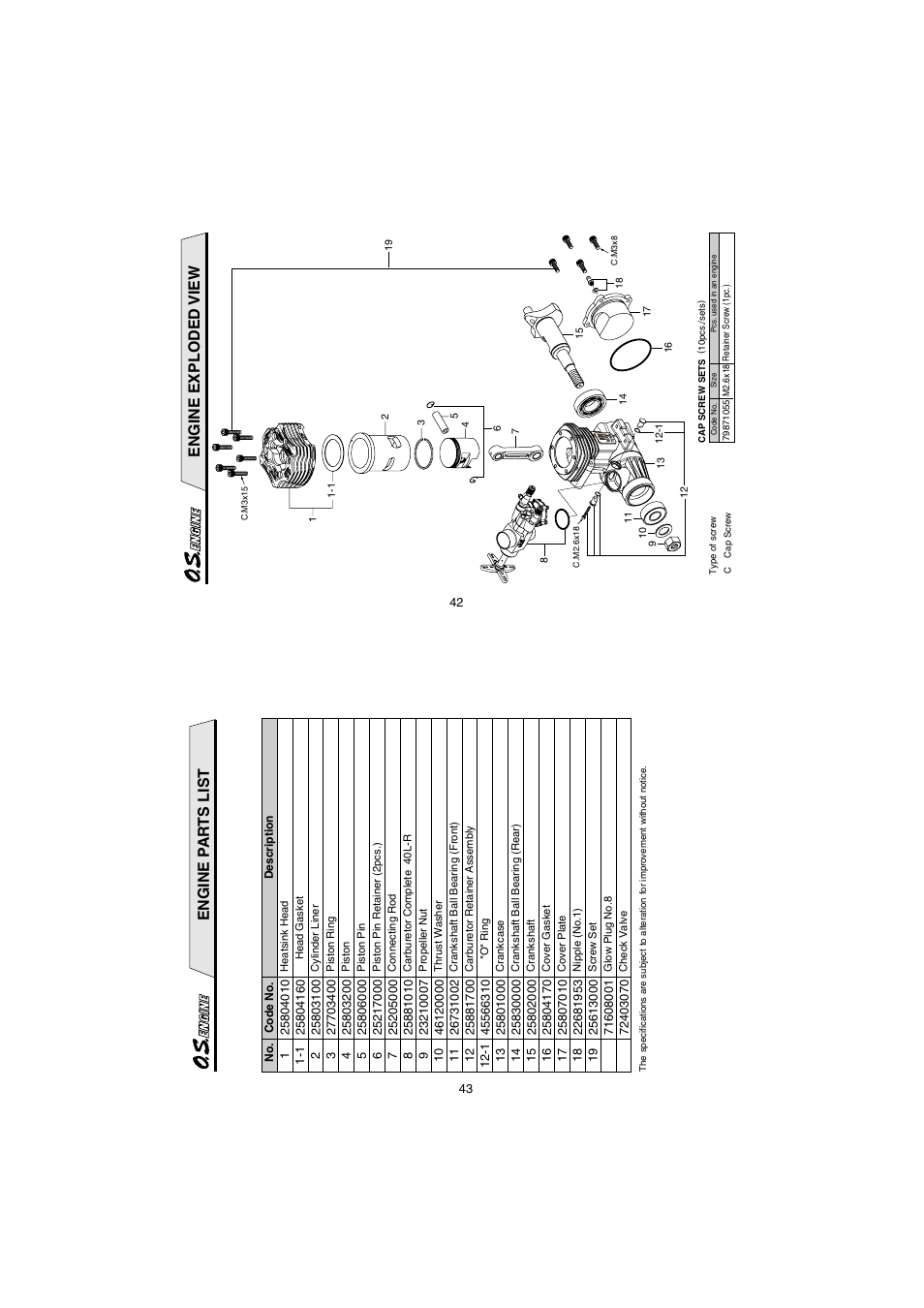 Engine exploded view, Engine pa r ts list | O.S. Engines 55HZ-R User Manual | Page 22 / 25