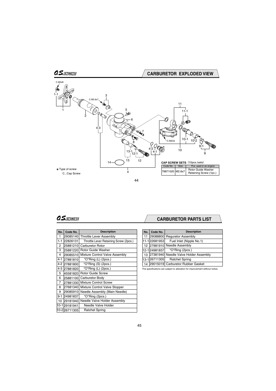 Carburetor exploded view, Carburetor parts list | O.S. Engines 55HZ-R User Manual | Page 23 / 25