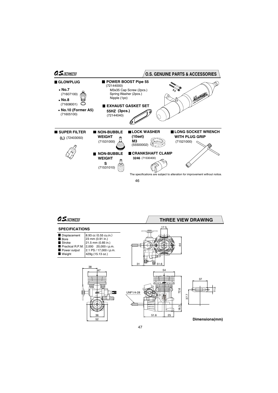 O.s. genuine parts & accessories, Three view drawing | O.S. Engines 55HZ-R User Manual | Page 24 / 25