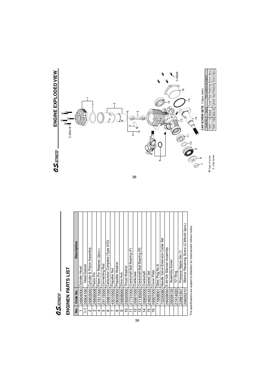 Engine exploded view, Enginen pa r ts list | O.S. Engines 65AX User Manual | Page 20 / 23