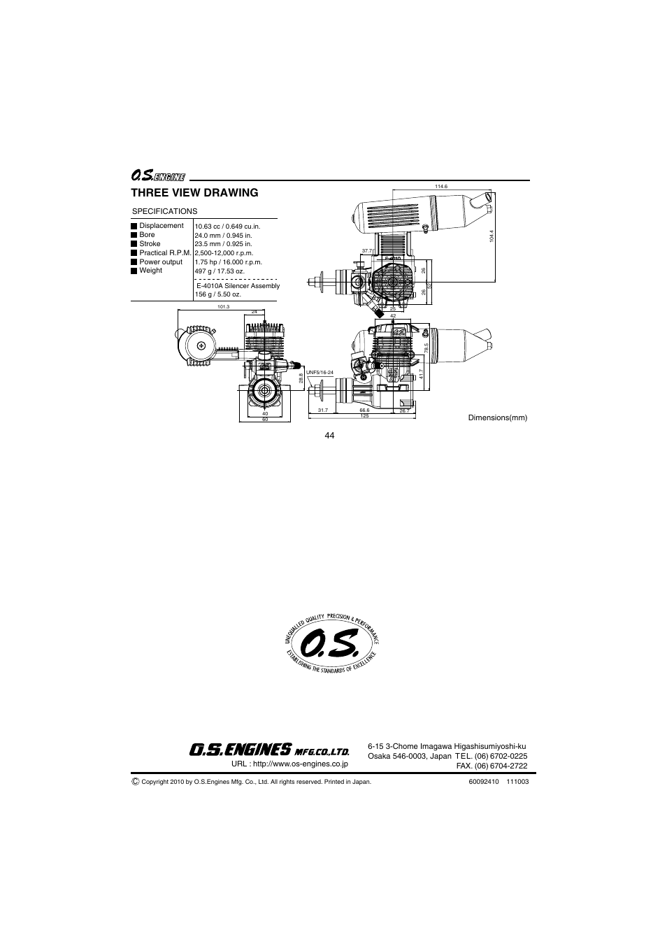 Three view drawing | O.S. Engines 65AX User Manual | Page 23 / 23