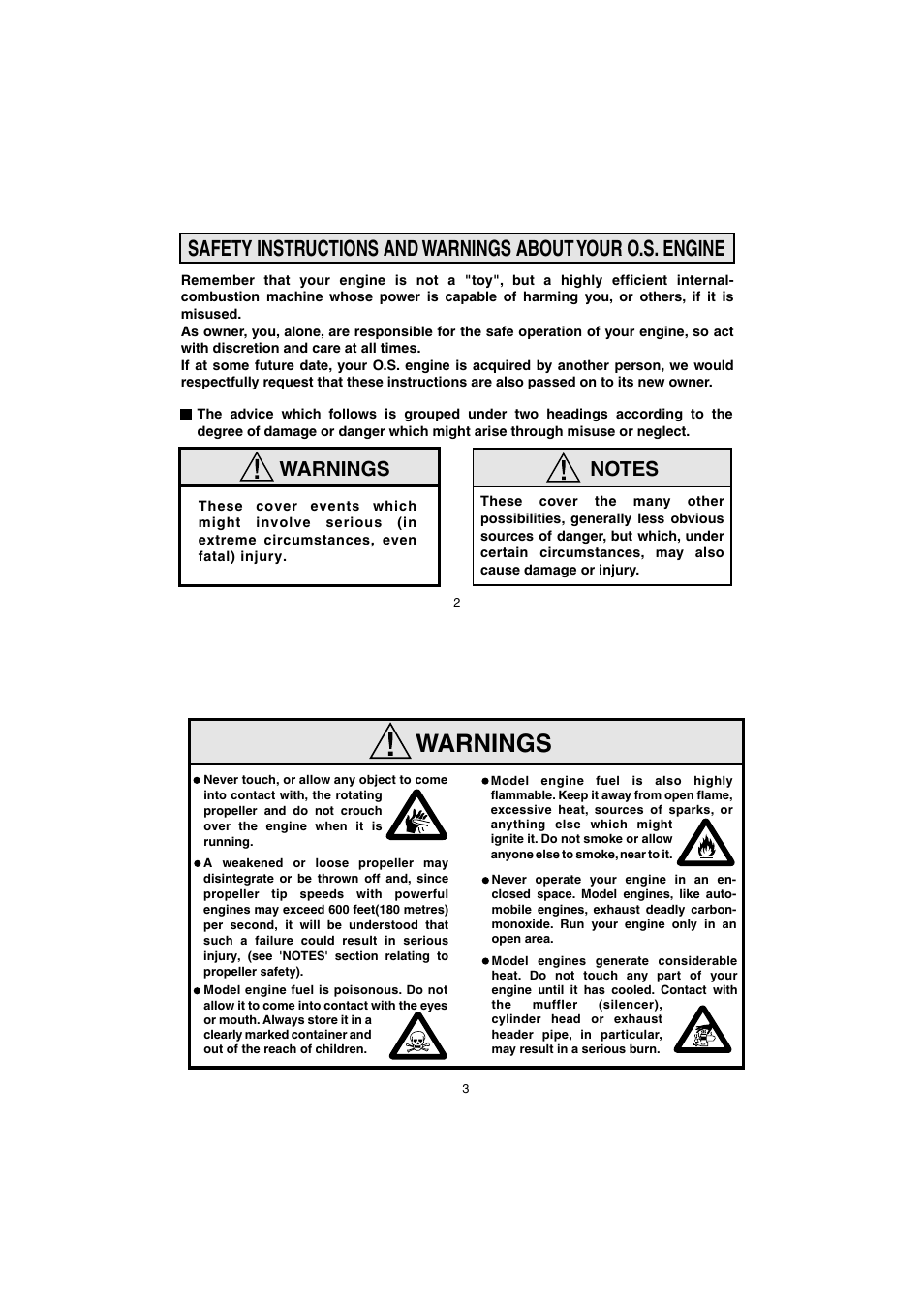 Warnings | O.S. Engines 95AX User Manual | Page 2 / 26