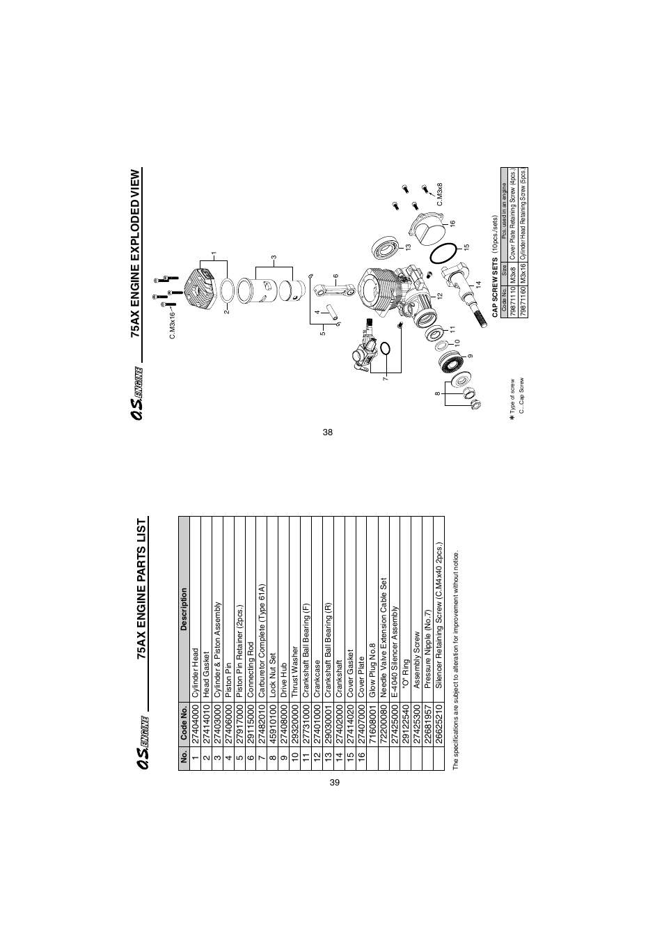 75ax engine exploded view, 75ax engine pa r ts list | O.S. Engines 95AX User Manual | Page 20 / 26