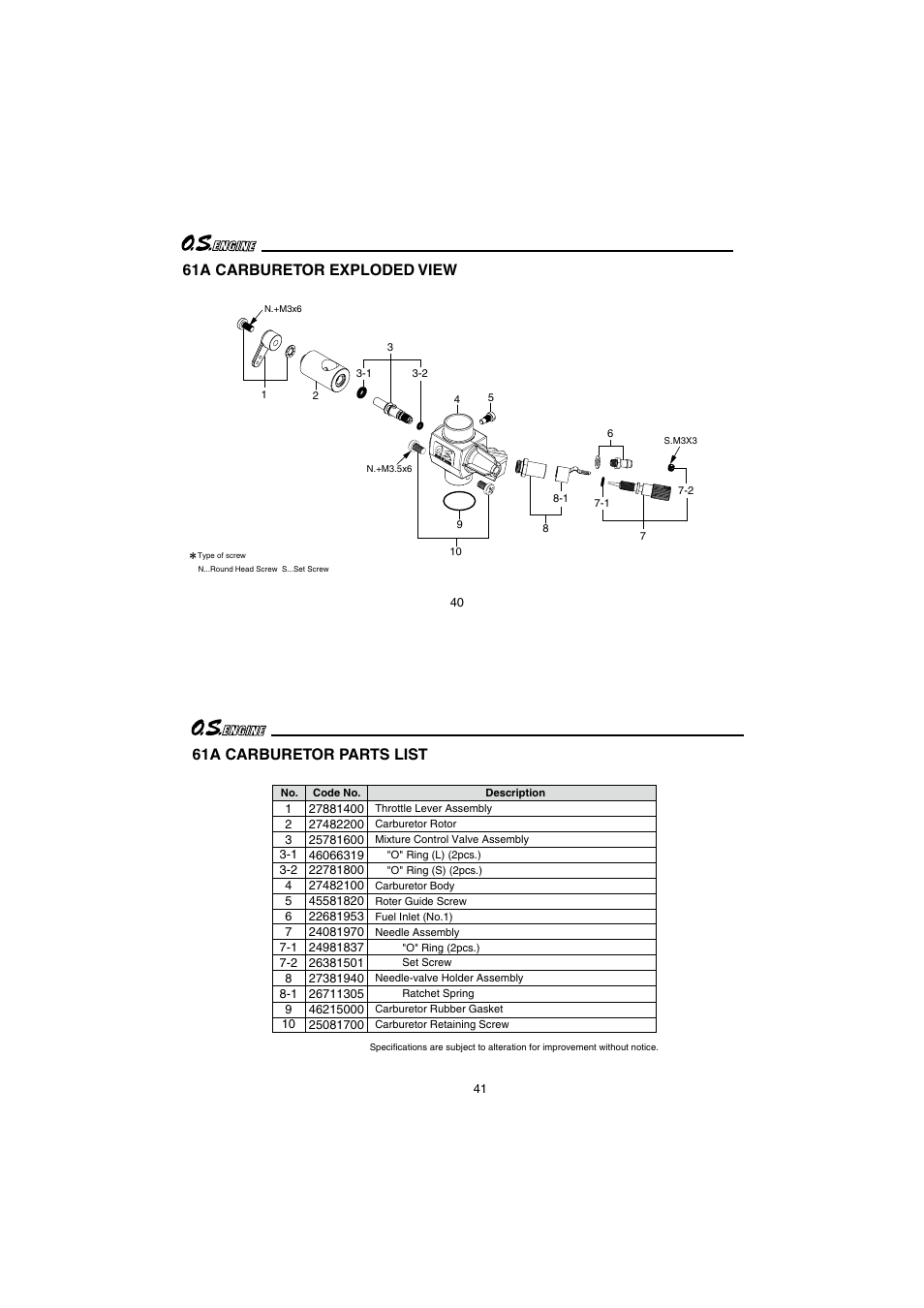 61a carburetor exploded view, 61a carburetor parts list | O.S. Engines 95AX User Manual | Page 21 / 26