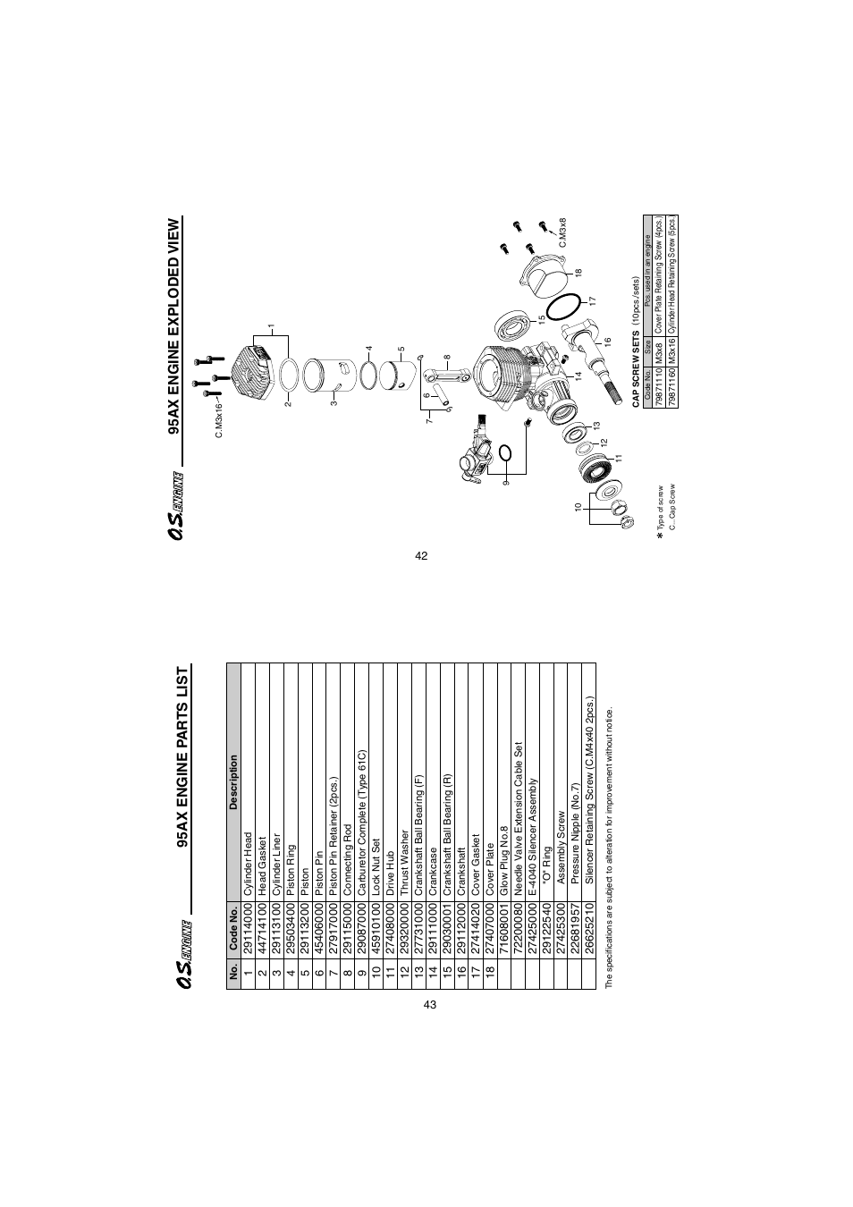 95ax engine exploded view, 95ax engine pa r ts list | O.S. Engines 95AX User Manual | Page 22 / 26