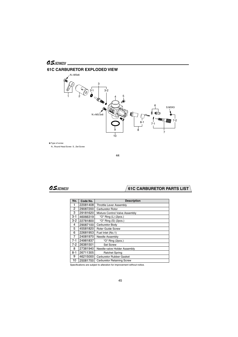 61c carburetor exploded view, 61c carburetor parts list | O.S. Engines 95AX User Manual | Page 23 / 26