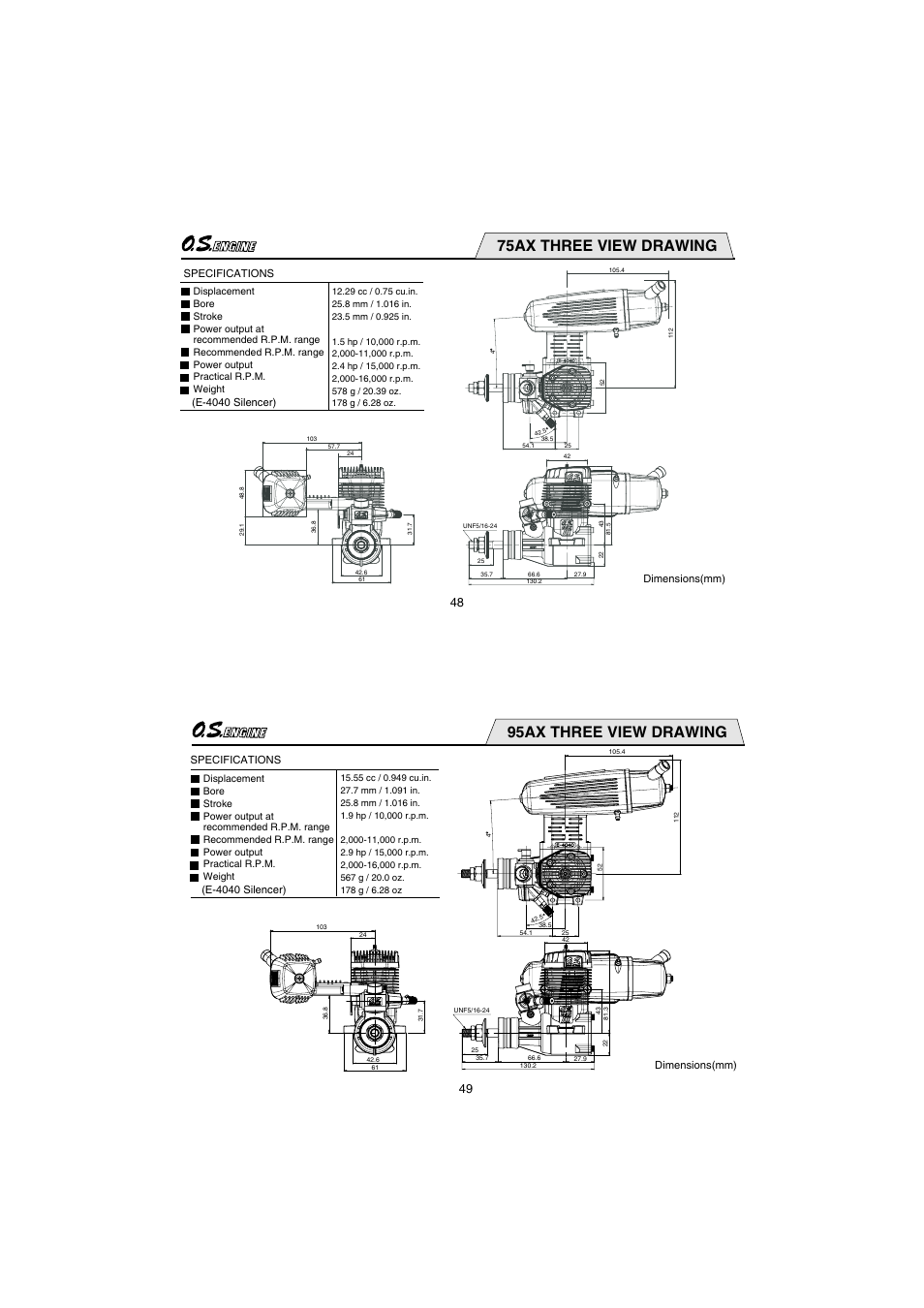 75ax three view drawing, 95ax three view drawing, Specifications dimensions(mm) | E-4040 silencer) | O.S. Engines 95AX User Manual | Page 25 / 26