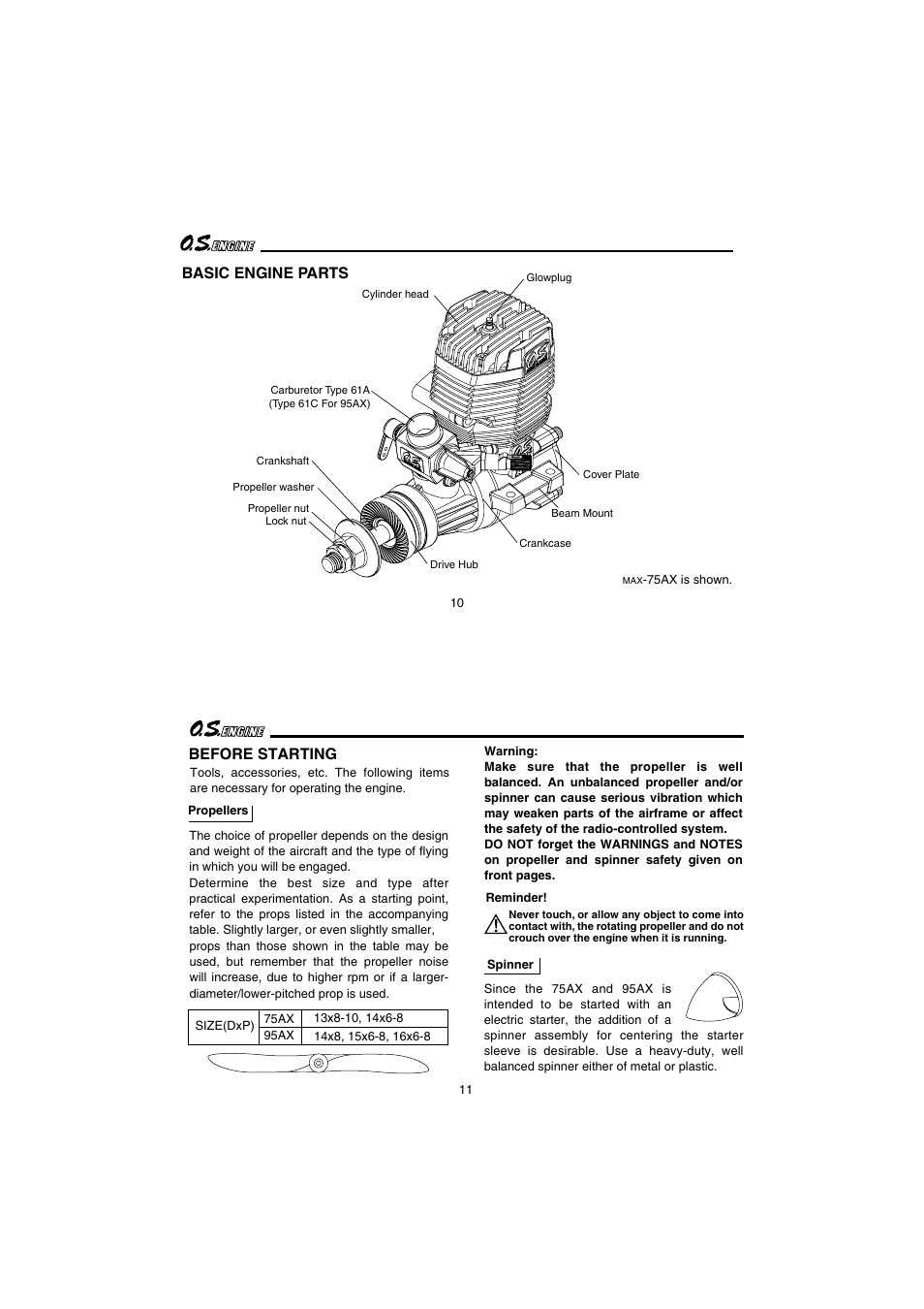 Basic engine parts, Before starting | O.S. Engines 95AX User Manual | Page 6 / 26