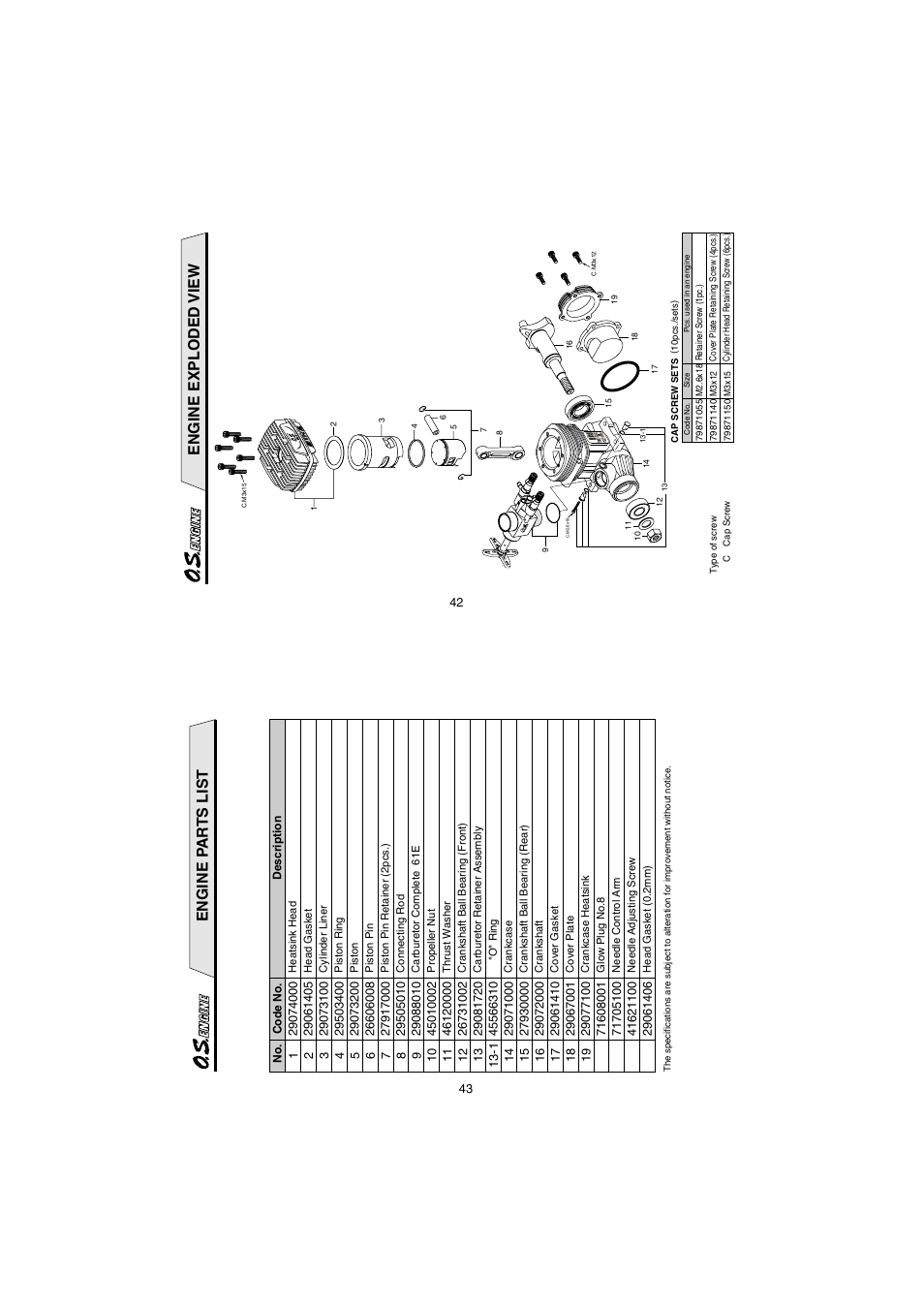 Engine exploded view, Engine pa r ts list | O.S. Engines 91HZ User Manual | Page 22 / 25