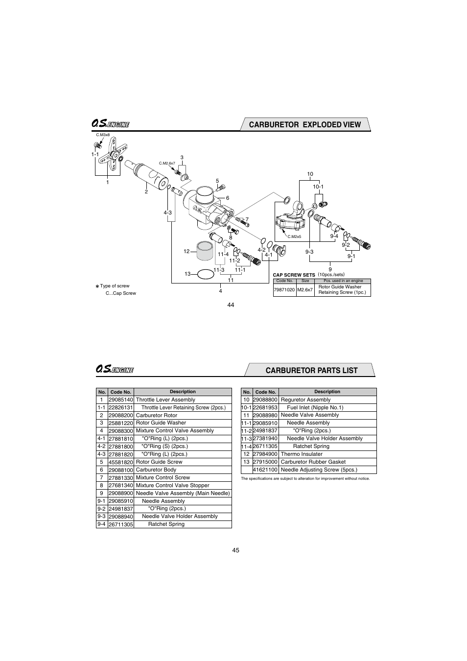 Carburetor exploded view, Carburetor parts list | O.S. Engines 91HZ-R User Manual | Page 23 / 25