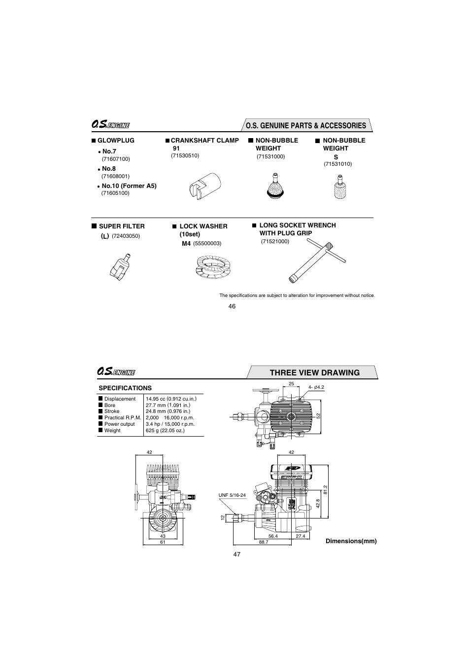 O.s. genuine parts & accessories, Three view drawing | O.S. Engines 91HZ-R User Manual | Page 24 / 25