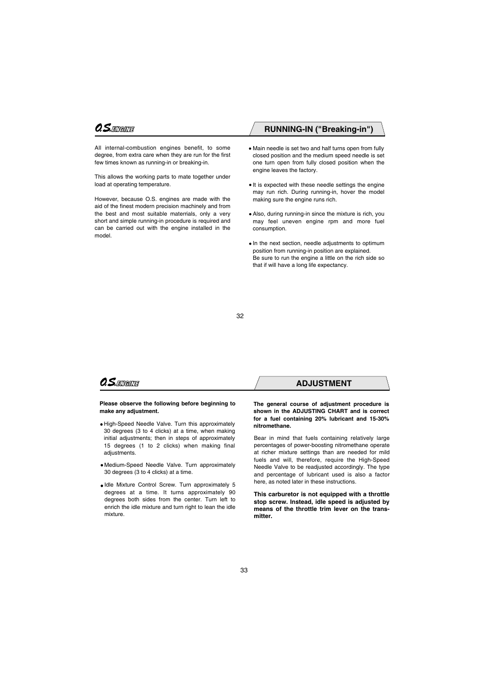 Running-in ("breaking-in"), Adjustment | O.S. Engines 91HZ-R 3C User Manual | Page 17 / 27