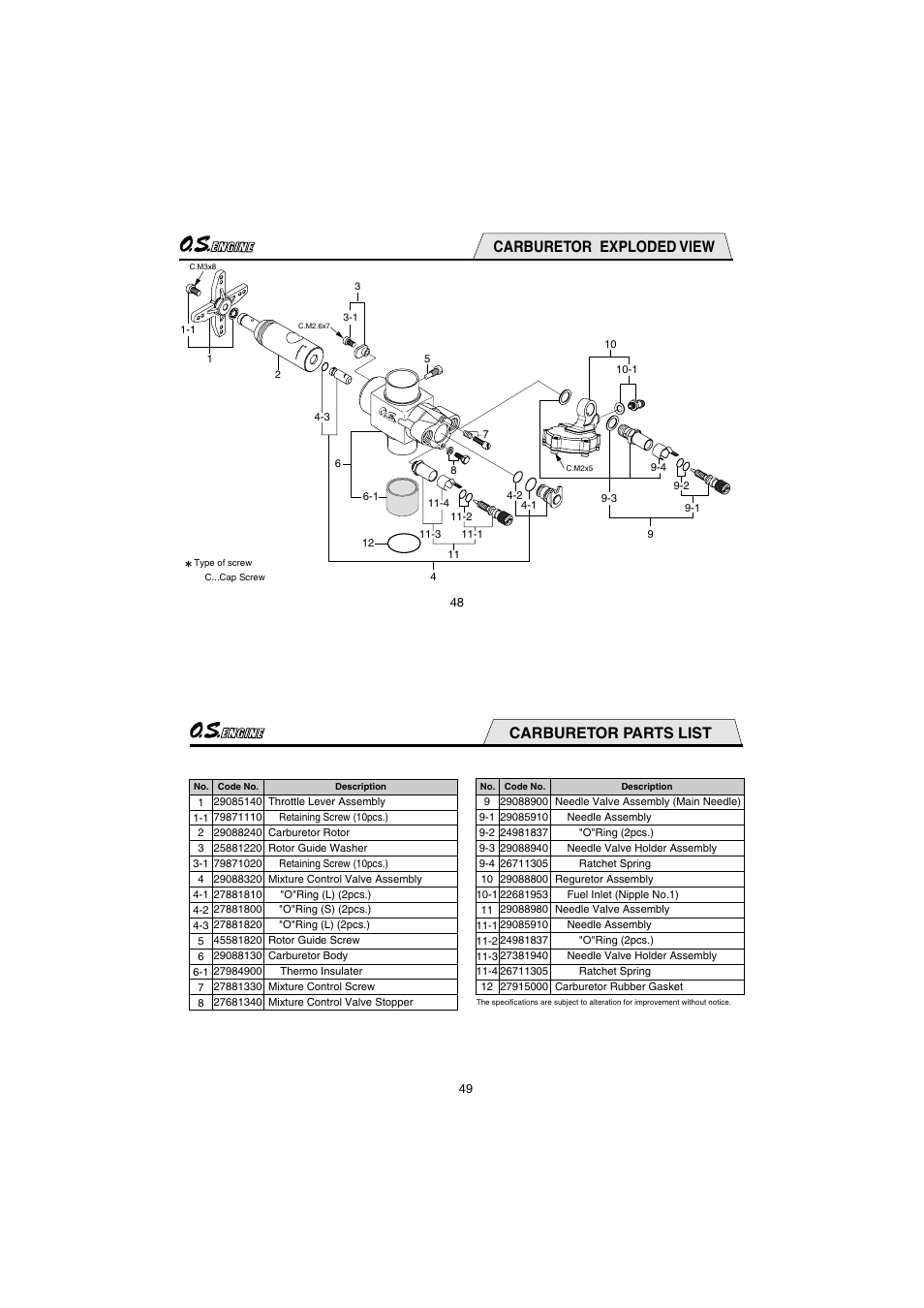 Carburetor exploded view, Carburetor parts list | O.S. Engines 91HZ-R 3C User Manual | Page 25 / 27