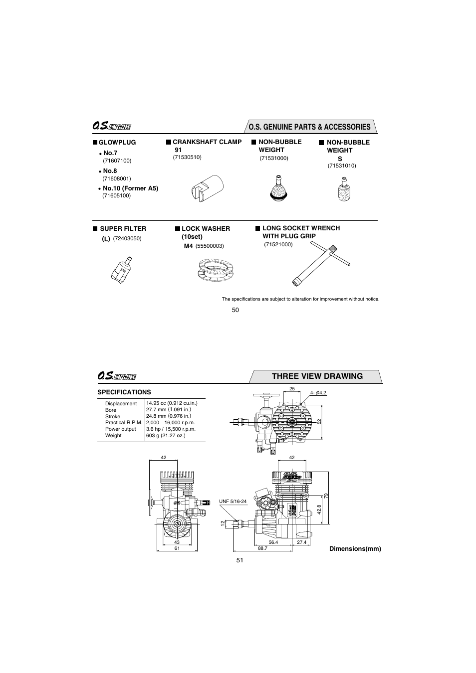 O.s. genuine parts & accessories, Three view drawing | O.S. Engines 91HZ-R 3C User Manual | Page 26 / 27