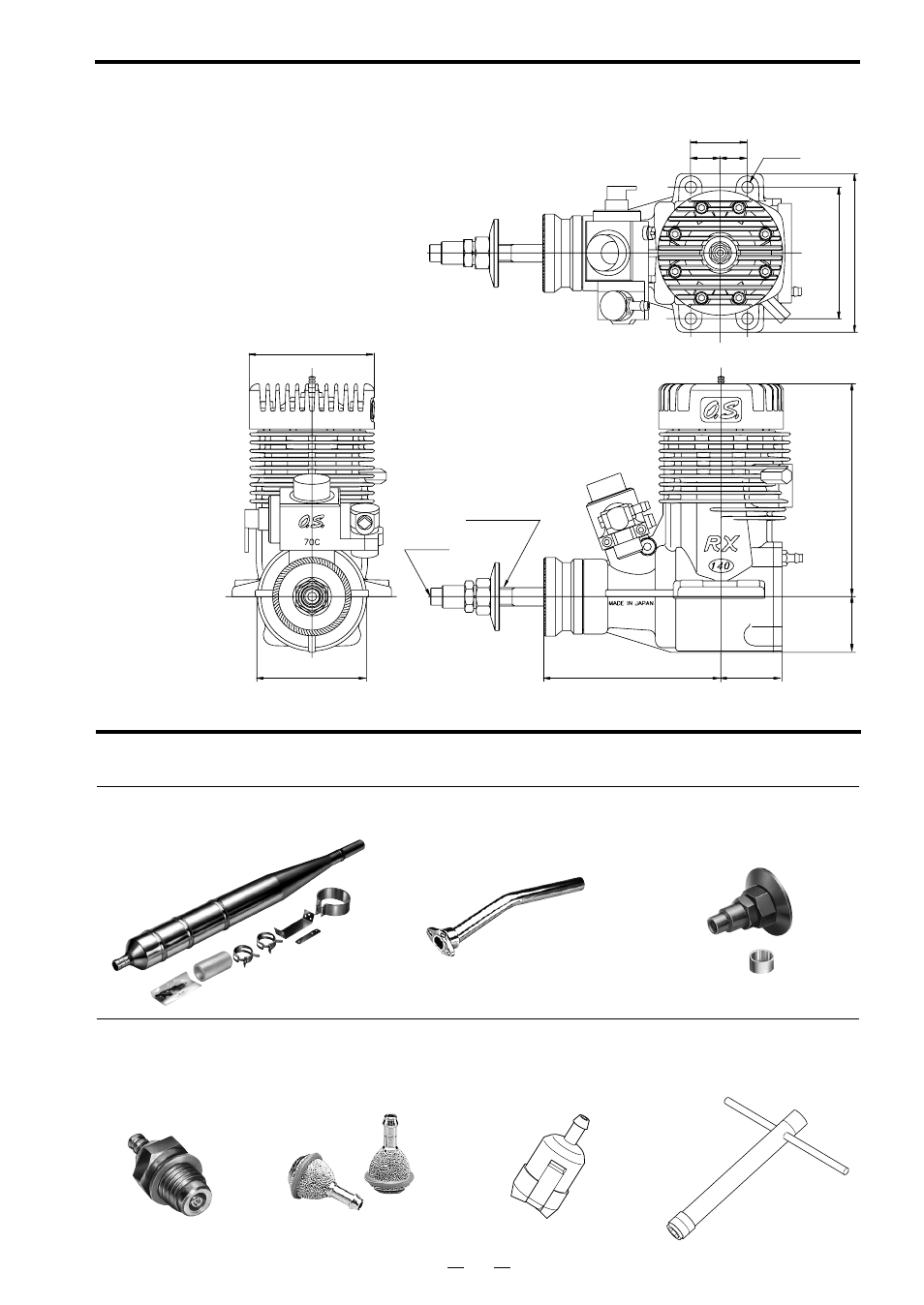 Three view drawing, O.s. genuine parts & accessories, Specifications | O.S. Engines 140RX-FI User Manual | Page 20 / 24