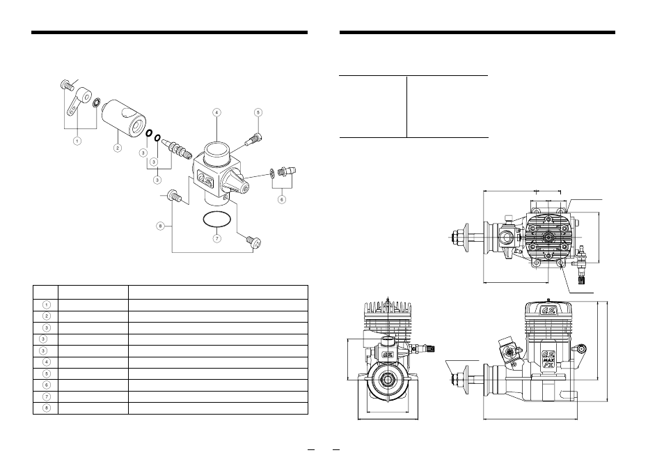 Three view drawing, Carburettor exploded view & parts list, Specifications | O.S. Engines 160FX Ring User Manual | Page 19 / 20