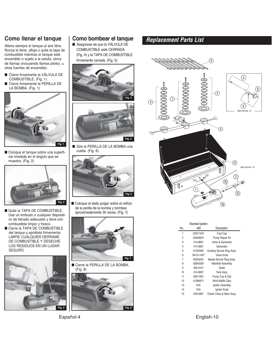 Como llenar el tanque, Como bombear el tanque, Replacement parts list | Español-4, English-10 | Coleman DUAL STOVE 428 User Manual | Page 11 / 20