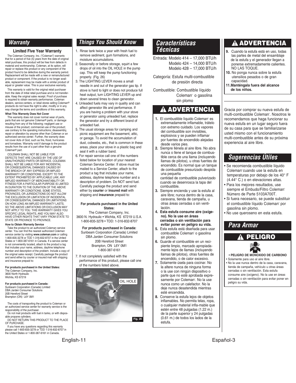 Advertencia, Características técnicas, Para armar peligro | Sugerencias útiles, Warranty, Things you should know, English-11, Español-3 | Coleman DUAL STOVE 428 User Manual | Page 12 / 20