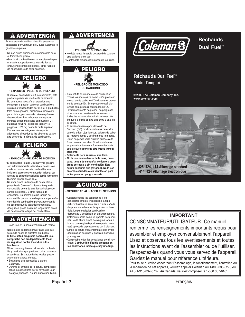 Advertencia, Peligro, Cuidado | Réchauds dual fuel, Mode d’emploi, Español-2, Français | Coleman DUAL STOVE 428 User Manual | Page 13 / 20