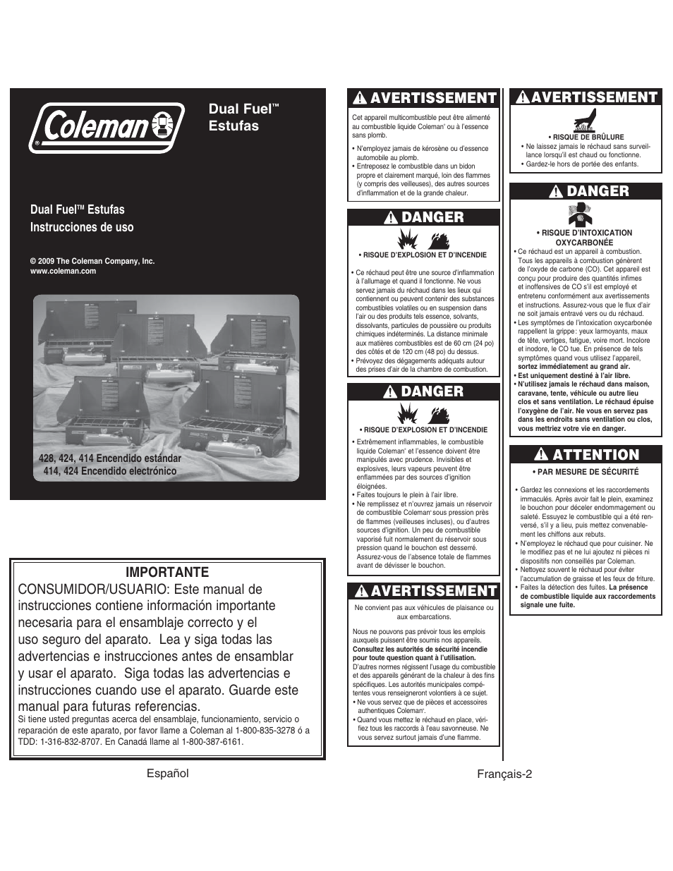 Danger avertissement, Avertissement, Danger | Attention, Estufas, Dual fuel, Estufas instrucciones de uso, Español, Français-2 | Coleman DUAL STOVE 428 User Manual | Page 15 / 20