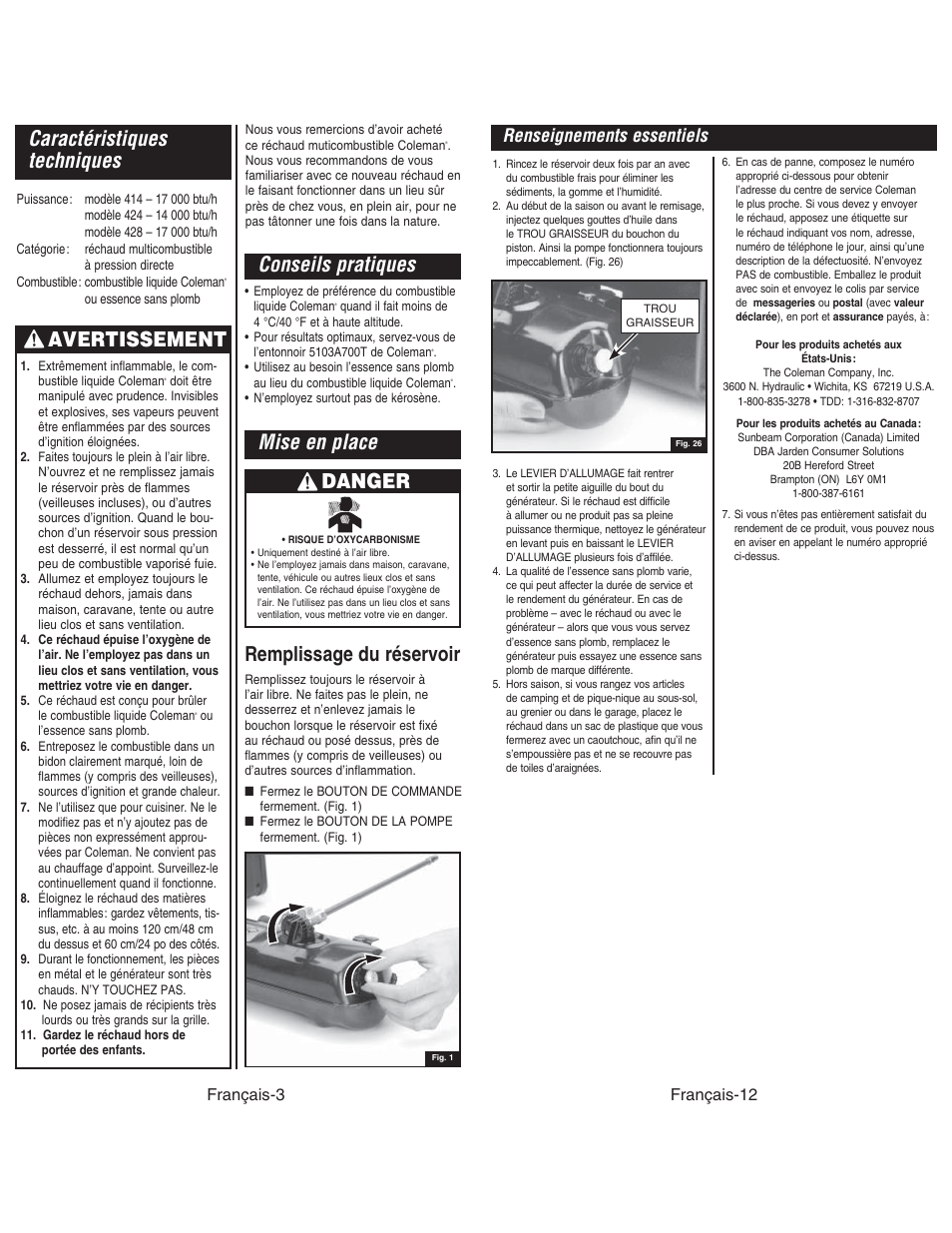 Avertissement, Caractéristiques techniques, Mise en place | Danger, Conseils pratiques, Remplissage du réservoir, Renseignements essentiels, Français-3, Français-12 | Coleman DUAL STOVE 428 User Manual | Page 16 / 20