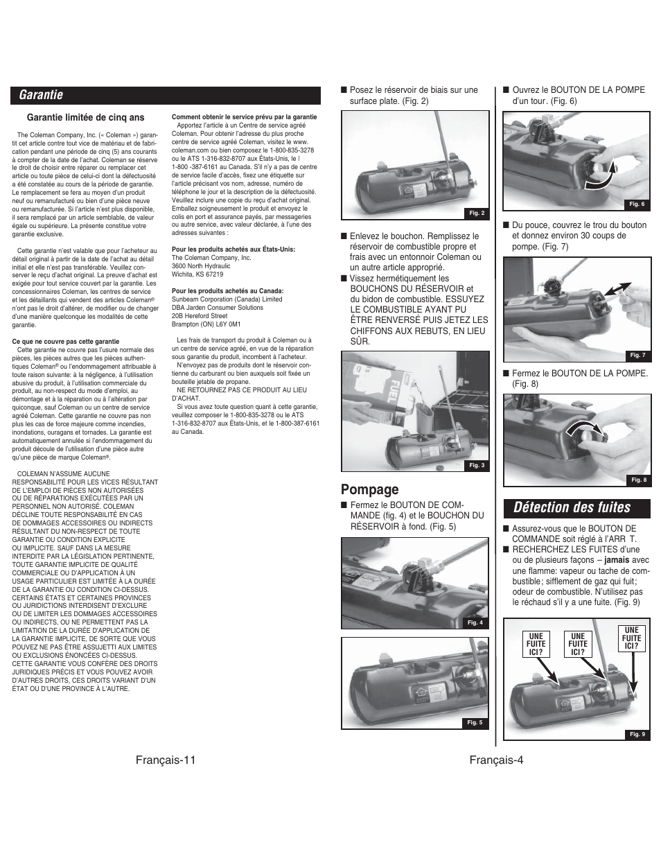 Détection des fuites, Pompage, Garantie | Français-11, Français-4 | Coleman DUAL STOVE 428 User Manual | Page 17 / 20