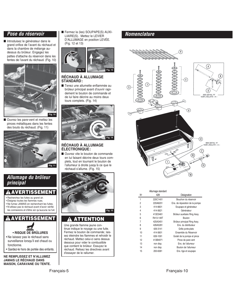 Avertissement, Pose du réservoir, Allumage du brûleur principal | Avertissement attention, Nomenclature, Français-5, Français-10, Réchaud à allumage standard, Réchaud à allumage électronique | Coleman DUAL STOVE 428 User Manual | Page 18 / 20