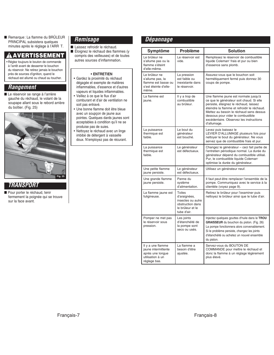 Avertissement, Remisage, Rangement | Transport, Dépannage, Français-7, Français-8 | Coleman DUAL STOVE 428 User Manual | Page 20 / 20