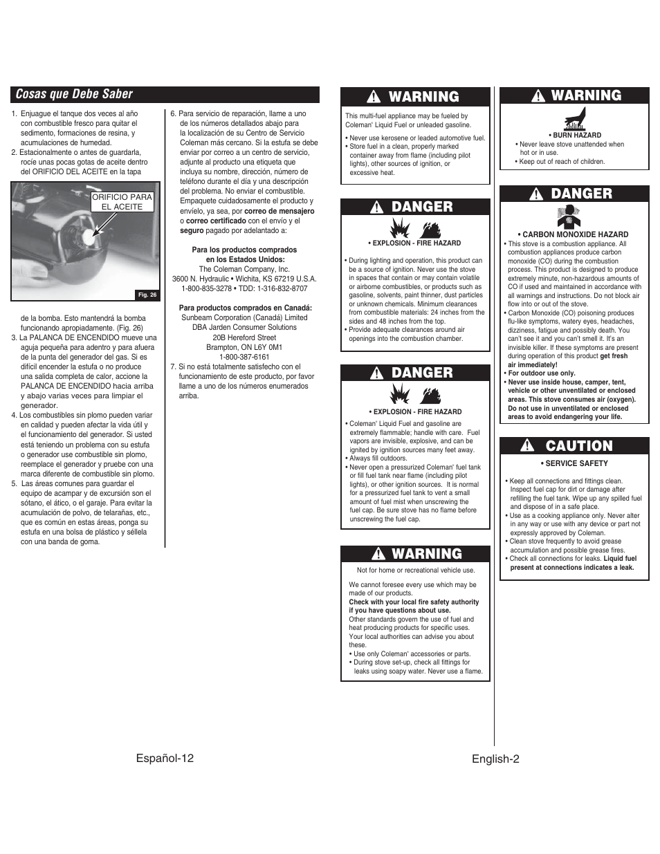 Warning danger, Warning, Danger | Caution, Cosas que debe saber, Español-12, English-2 | Coleman DUAL STOVE 428 User Manual | Page 3 / 20