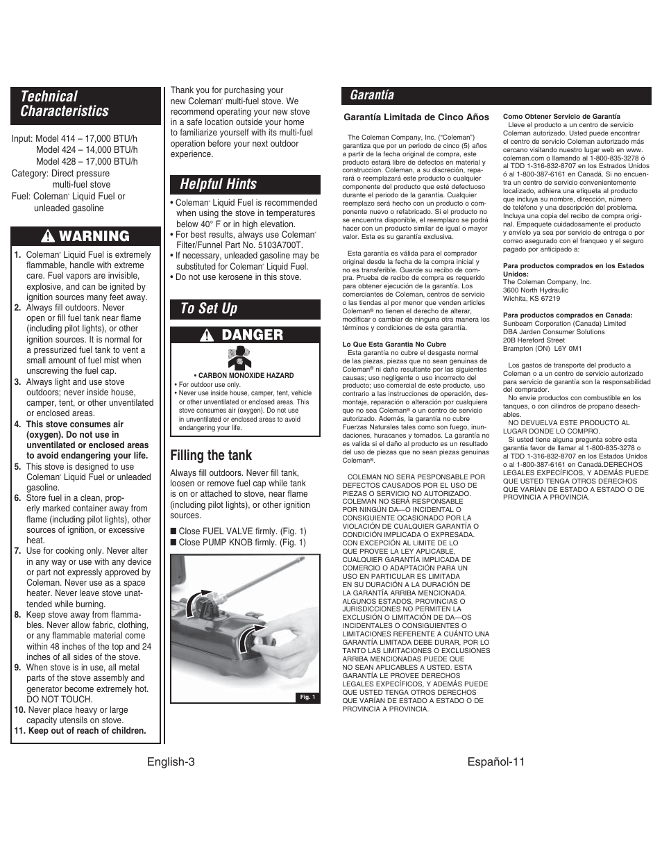 Warning, Technical characteristics, Helpful hints | Filling the tank, Garantía, English-3, Español-11 | Coleman DUAL STOVE 428 User Manual | Page 4 / 20