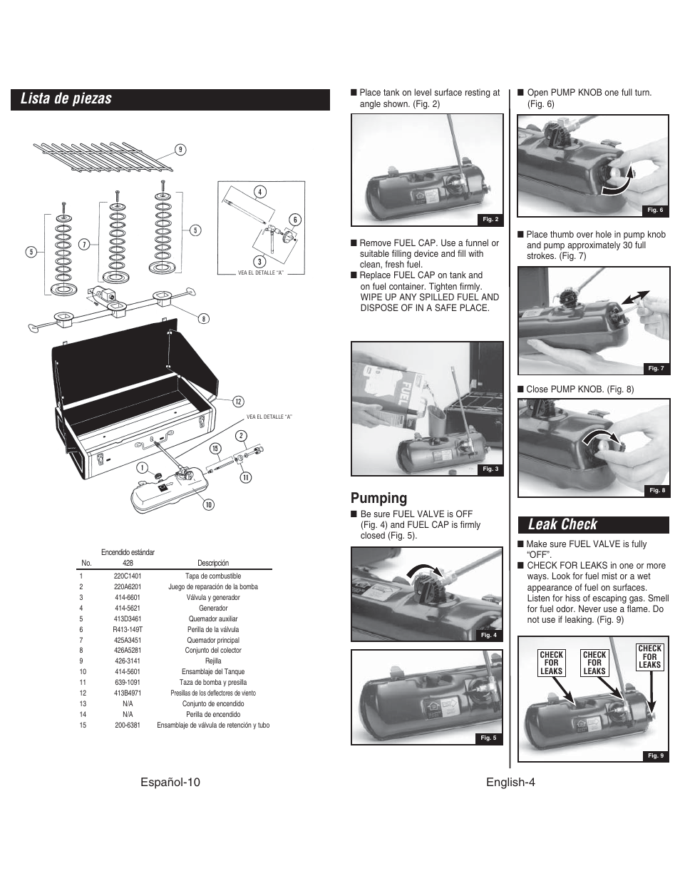 Lista de piezas, Leak check, Pumping | Español-10, English-4 | Coleman DUAL STOVE 428 User Manual | Page 5 / 20