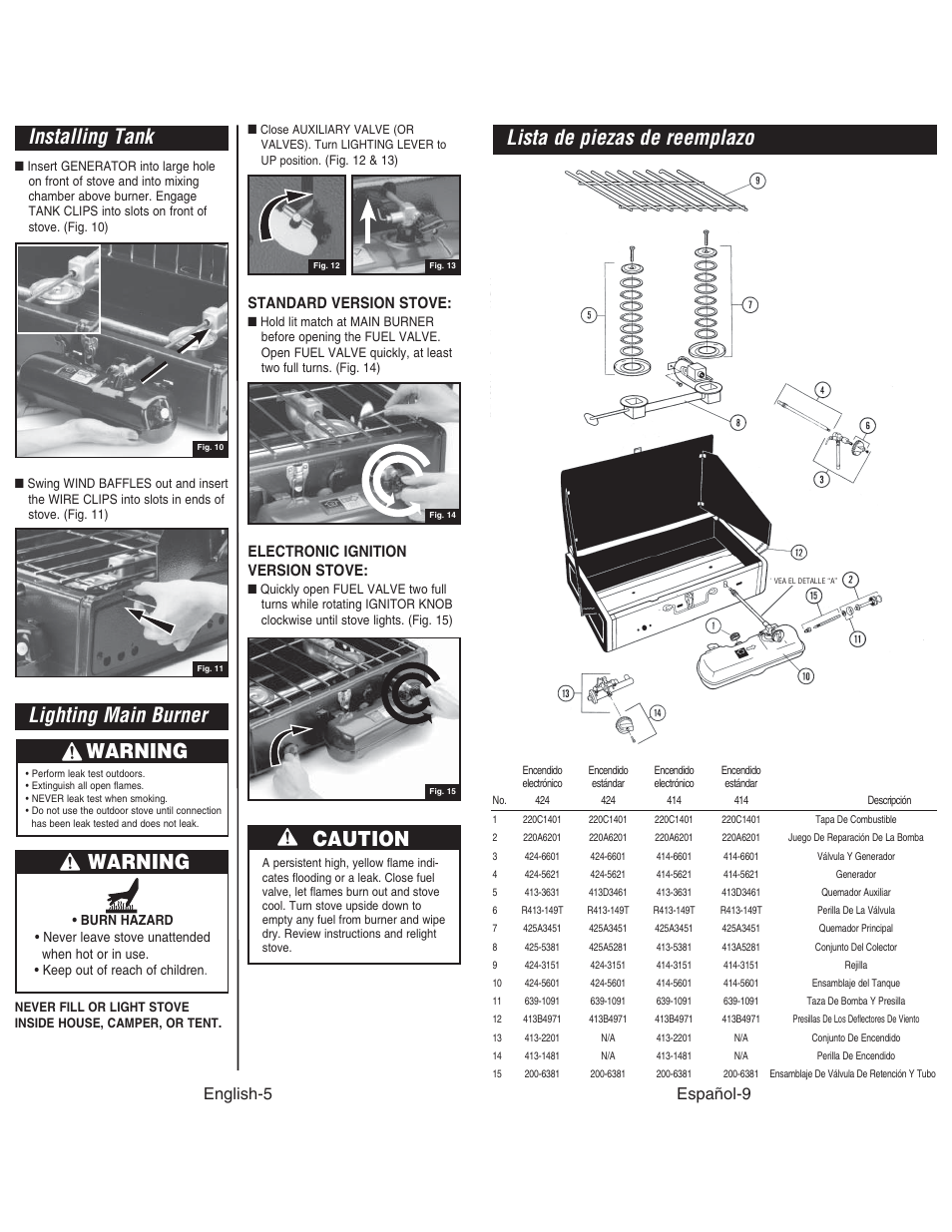 Warning, Installing tank, Caution | English-5, Español-9, Standard version stove, Electronic ignition version stove | Coleman DUAL STOVE 428 User Manual | Page 6 / 20