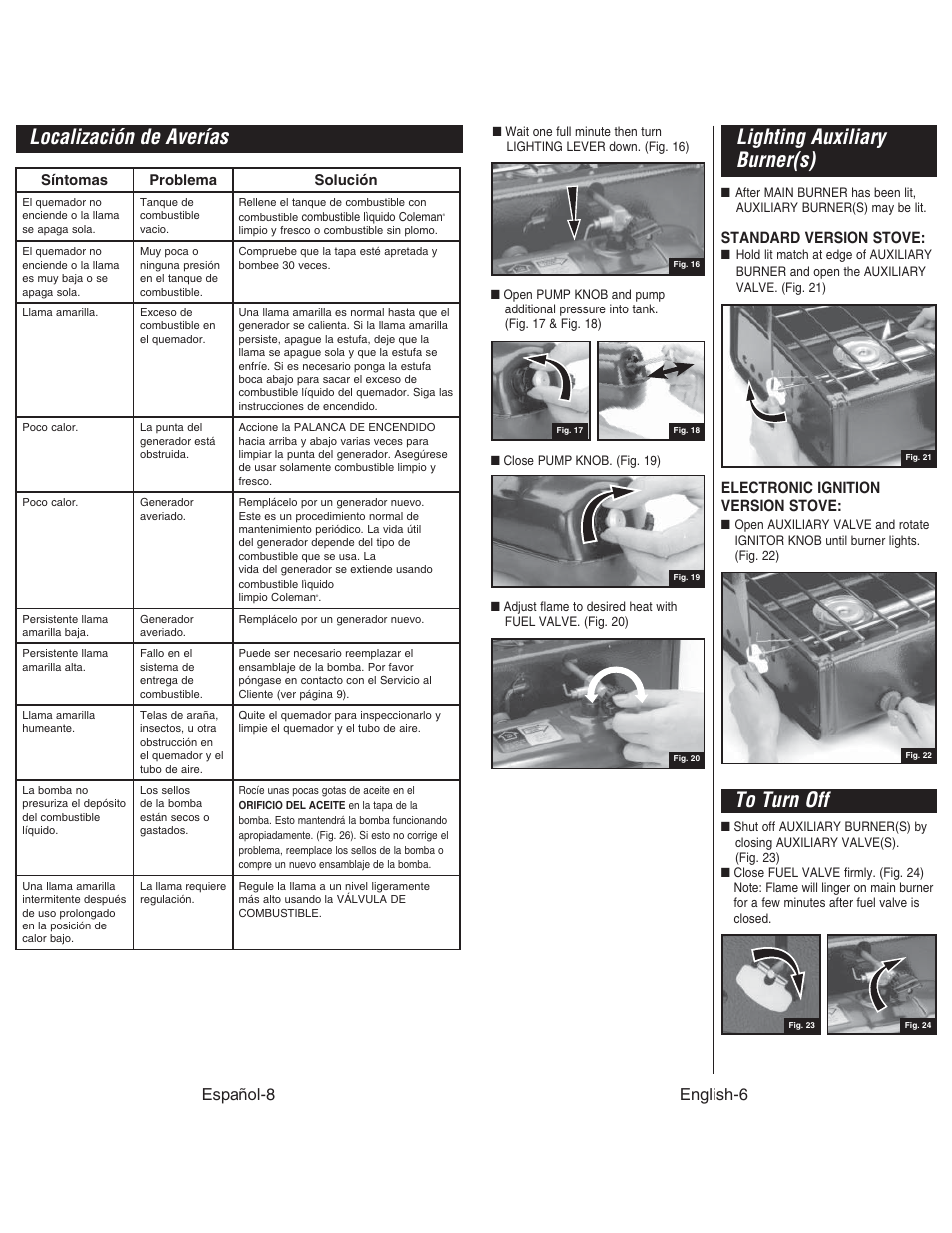 Localización de averías, Lighting auxiliary burner(s), Español-8 | English-6 | Coleman DUAL STOVE 428 User Manual | Page 7 / 20