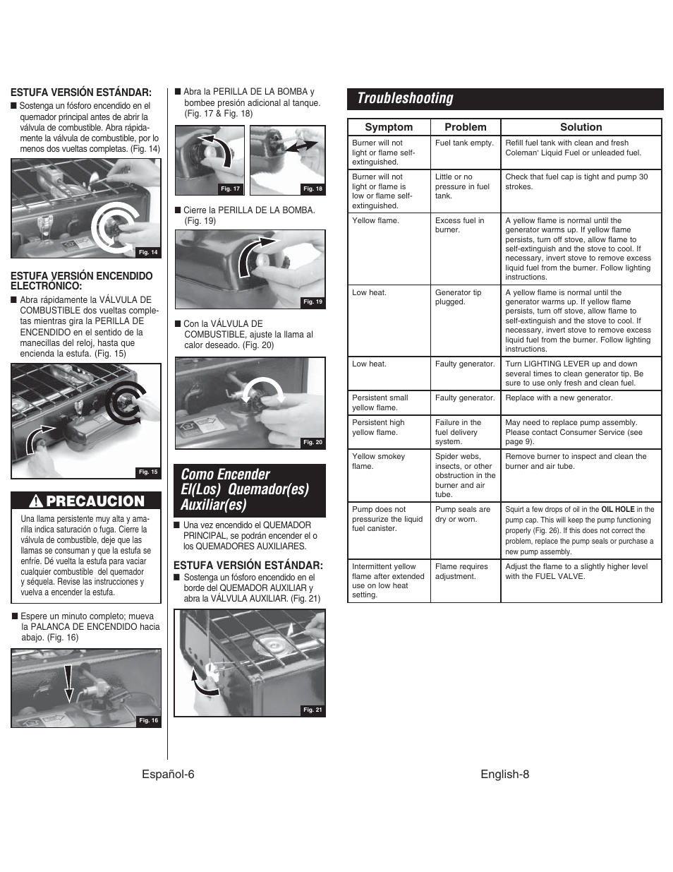 Como encender el(los) quemador(es) auxiliar(es), Precaucion, Troubleshooting | Español-6, English-8 | Coleman DUAL STOVE 428 User Manual | Page 9 / 20