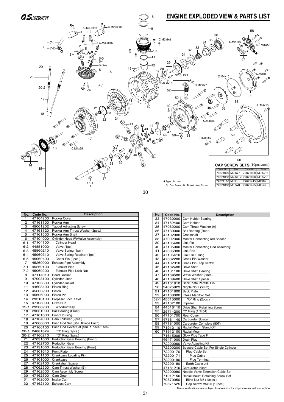 Engine exploded view & parts list | O.S. Engines Sirius7 FR7-420 User Manual | Page 16 / 18