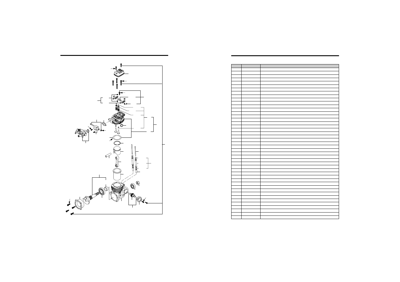 Engine exploded view, Engine parts list | O.S. Engines FS-26S-C II User Manual | Page 13 / 16