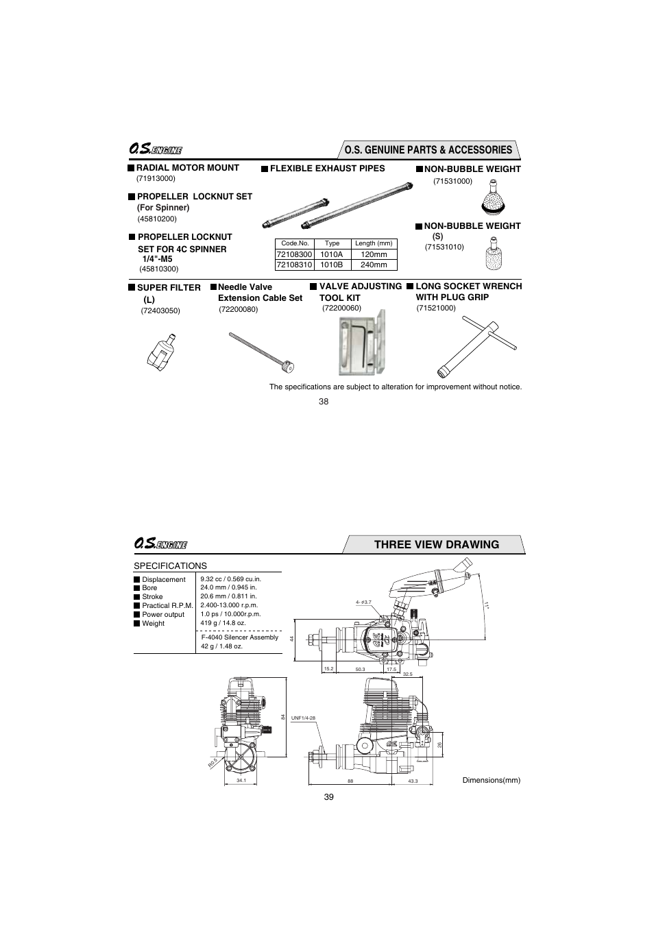 O.s. genuine parts & accessories, Three view drawing | O.S. Engines FS-56a User Manual | Page 20 / 21