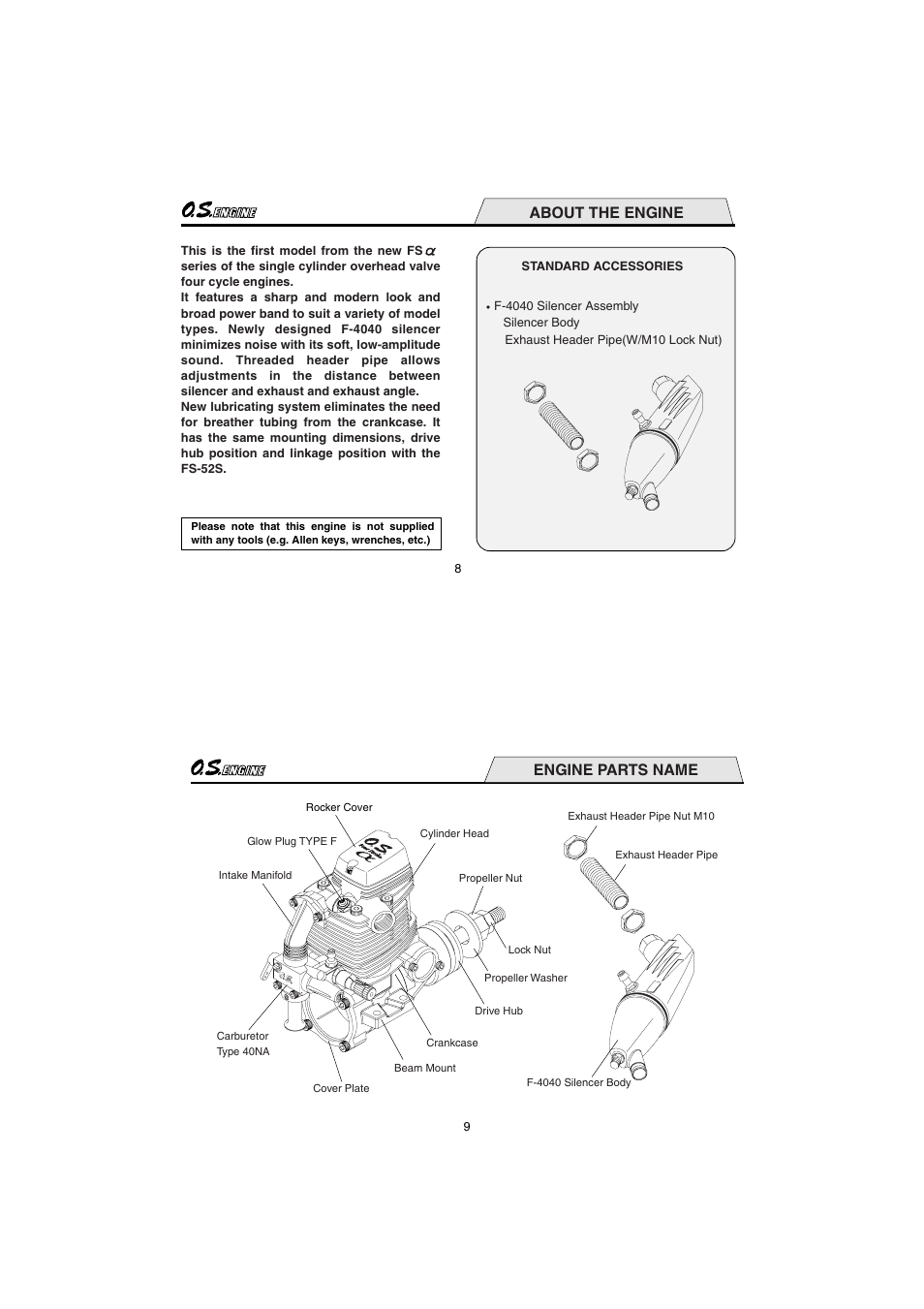 About the engine, Engine parts name | O.S. Engines FS-56a User Manual | Page 5 / 21