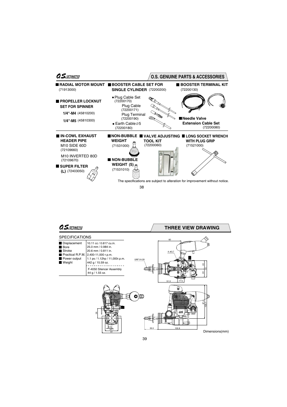 O.s. genuine parts & accessories, Three view drawing | O.S. Engines FS62V User Manual | Page 20 / 21