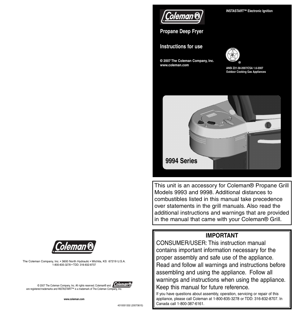 Coleman 9994 User Manual | 8 pages