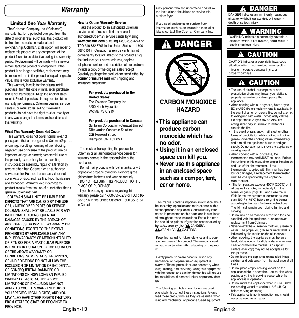Warranty, Caution, Warning | Danger | Coleman 9994 User Manual | Page 3 / 8