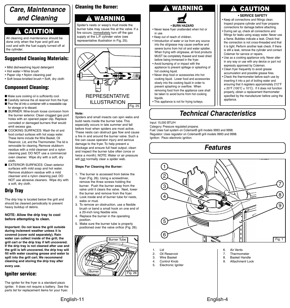 Care, maintenance and cleaning, Technical characteristics features, Caution | Warning, English-11, Drip tray, Igniter service, Suggested cleaning materials, Component cleaning, Representative illustration | Coleman 9994 User Manual | Page 5 / 8