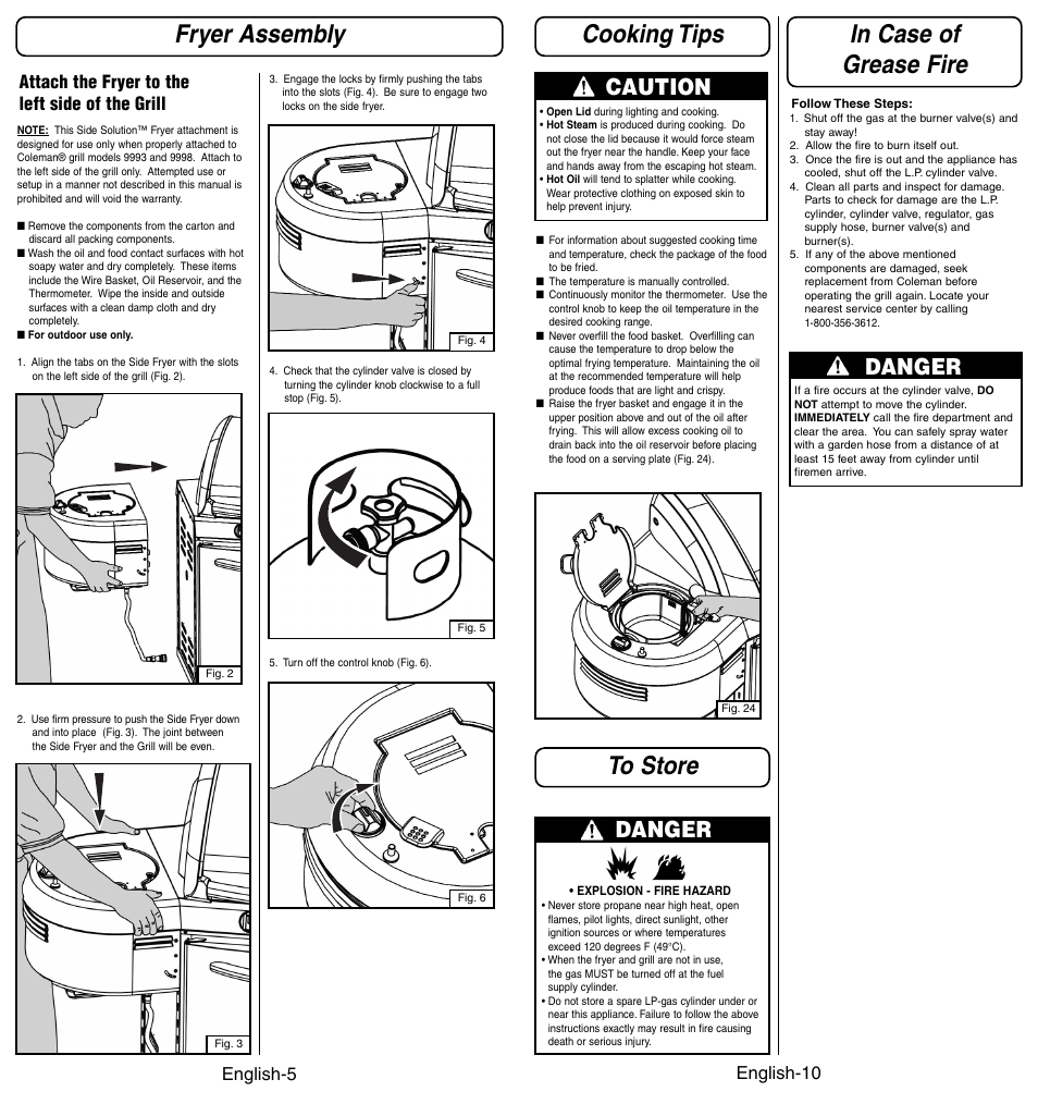 Cooking tips, Fryer assembly, Danger | Caution, English-10 | Coleman 9994 User Manual | Page 6 / 8