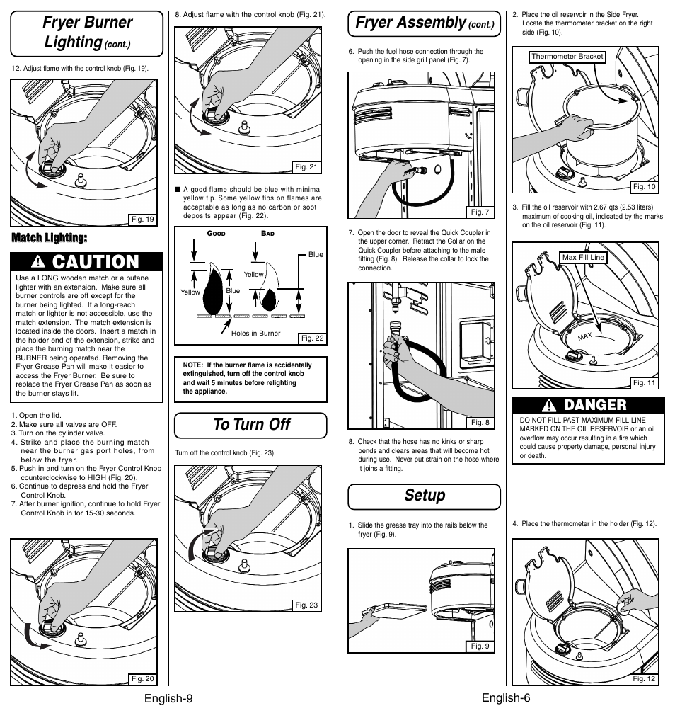 Caution, Fryer burner lighting, Fryer assembly | Setup, Danger, Mma attc ch h lliig gh httiin ng g, English-9, English-6 | Coleman 9994 User Manual | Page 7 / 8