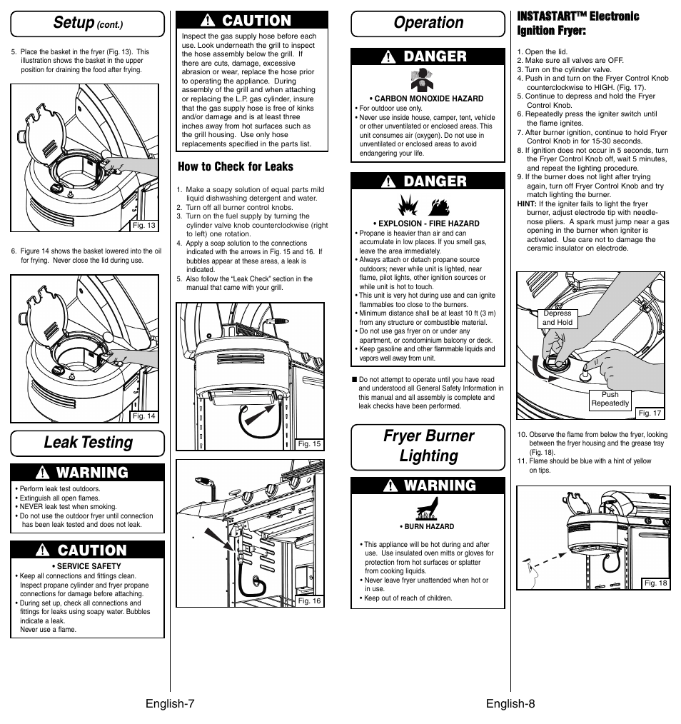 Operation fryer burner lighting, Leak testing, Setup | Danger, Warning, Caution, English-8, English-7, How to check for leaks | Coleman 9994 User Manual | Page 8 / 8