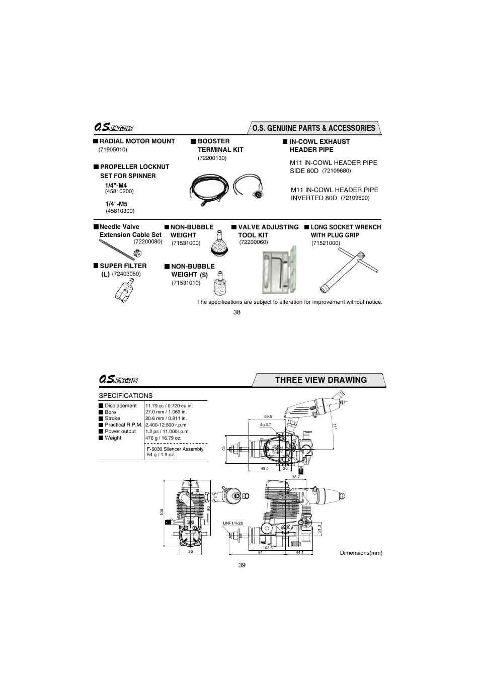 O.s. genuine parts & accessories, Three view drawing | O.S. Engines FS72-a User Manual | Page 20 / 21
