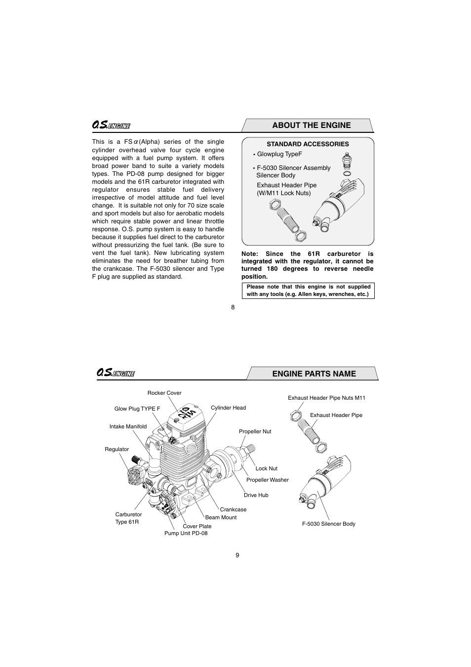 About the engine, Engine parts name | O.S. Engines FS81-a User Manual | Page 5 / 21