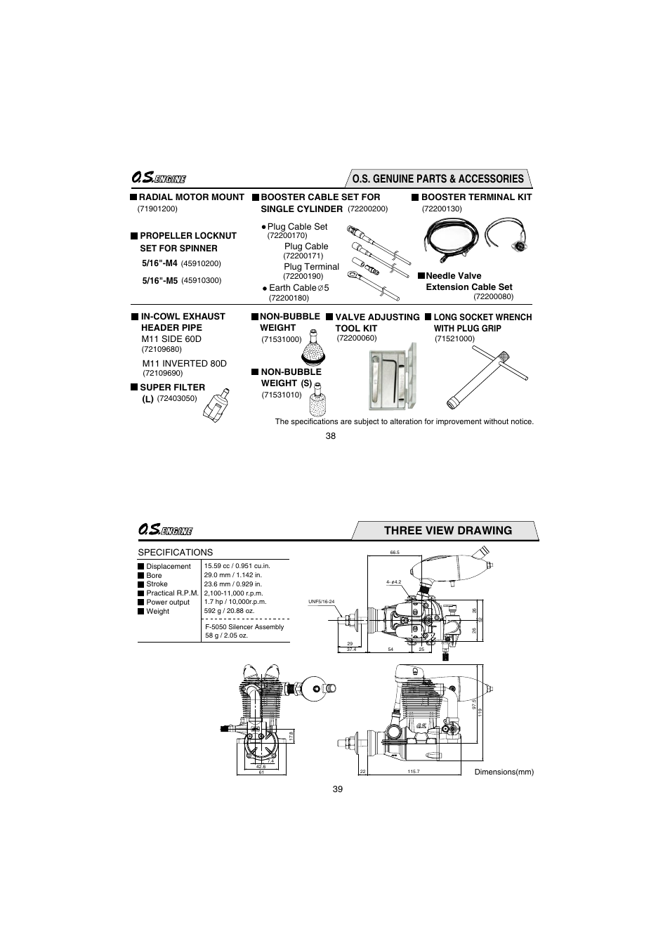 O.s. genuine parts & accessories, Three view drawing | O.S. Engines FS95V User Manual | Page 20 / 21