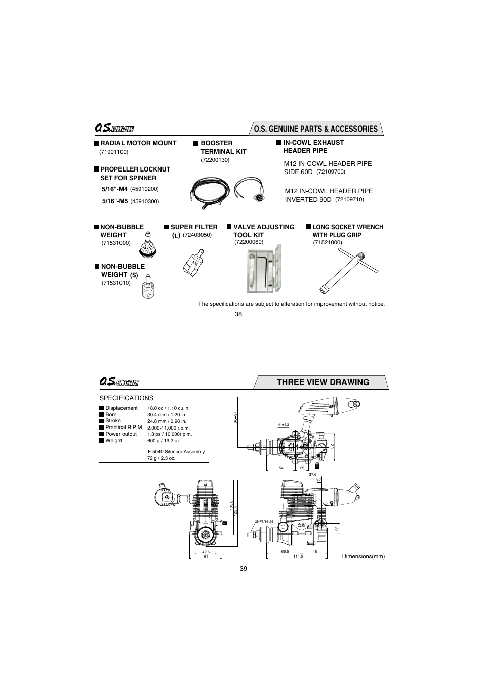 O.s. genuine parts & accessories, Three view drawing | O.S. Engines FS110-a User Manual | Page 20 / 21