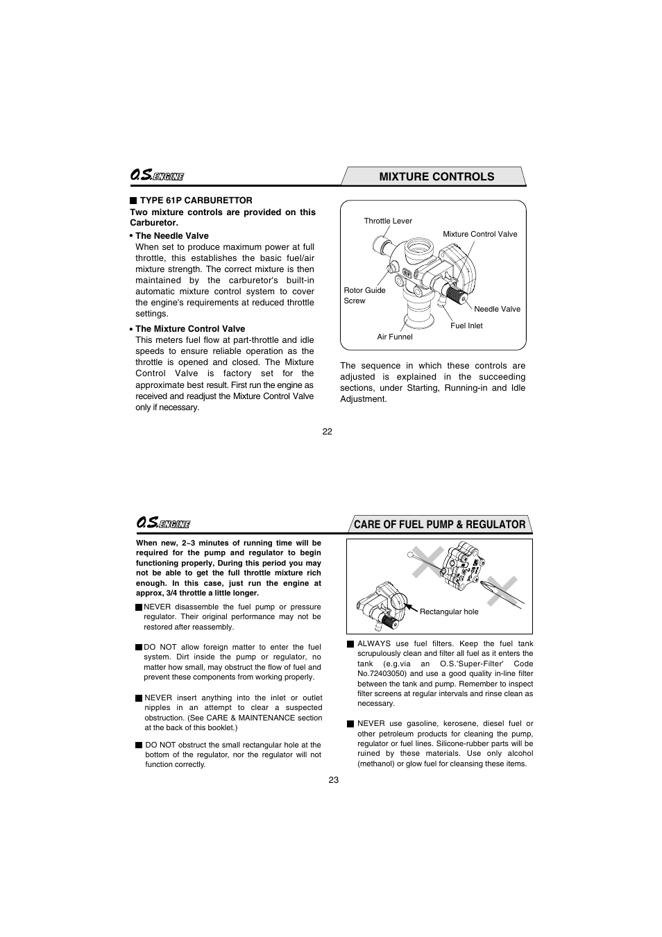 Mixture controls, Care of fuel pump & regulator | O.S. Engines FS110-a w/Pump User Manual | Page 12 / 21